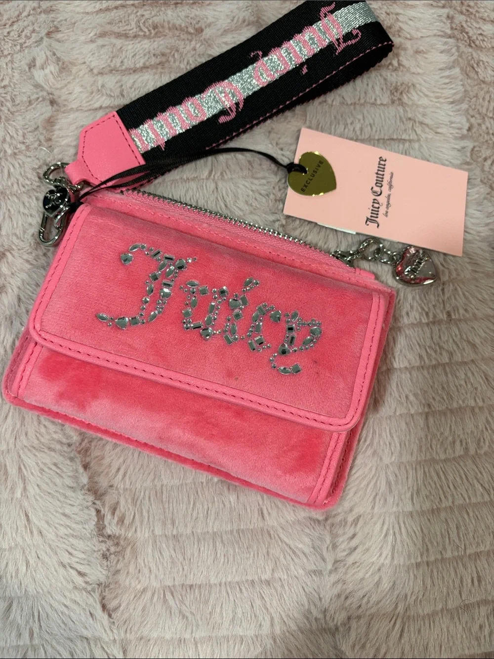 Juicy Couture Pink Velvet Rhinestone Logo Wristlet